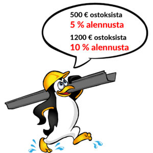 Määräalennkset 5% min. 500€ ja 10% min. 1200€